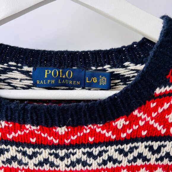 Polo Ralph Lauren Fair Isle Moose Tree Knit Sweater, White/red/blue, Size L P11 - Picture 4 of 9